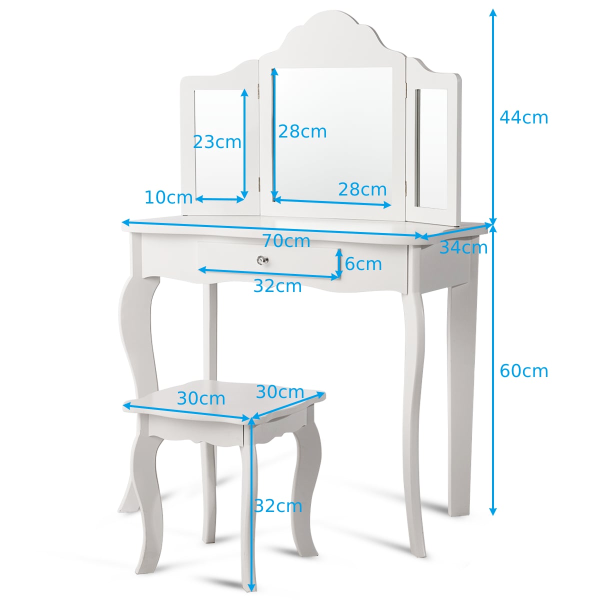Kids Vanity Makeup Table Set Princess Makeup Dressing Table with Stool-White