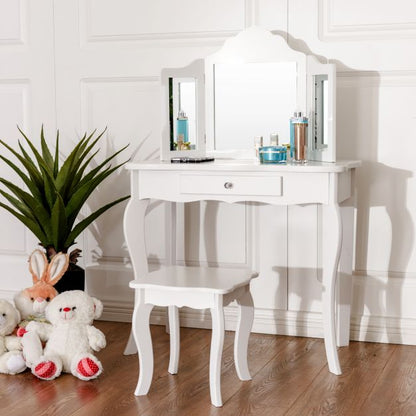 Kids Vanity Makeup Table Set Princess Makeup Dressing Table with Stool-White