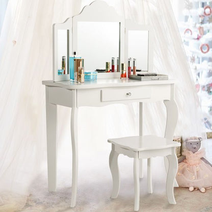 Kids Vanity Makeup Table Set Princess Makeup Dressing Table with Stool-White