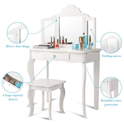 Kids Vanity Makeup Table Set Princess Makeup Dressing Table with Stool-White