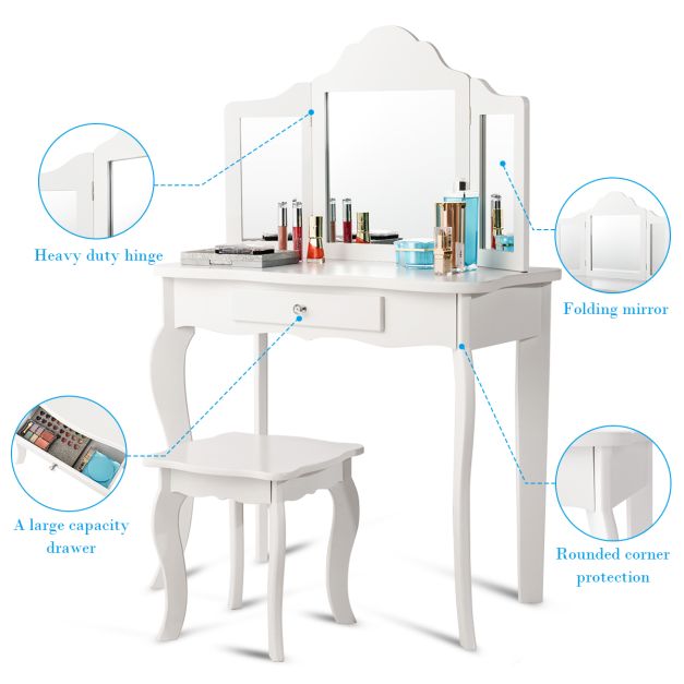 Kids Vanity Makeup Table Set Princess Makeup Dressing Table with Stool-White