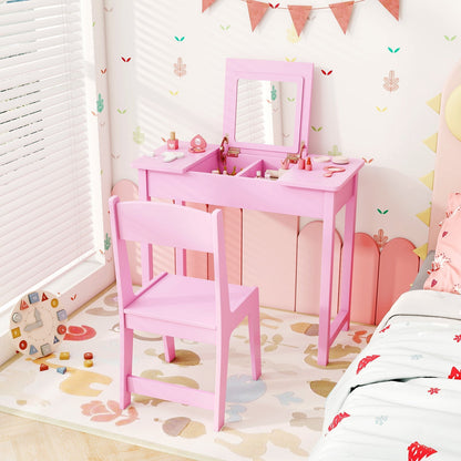 2-in-1 Kids Vanity Makeup Table and Chair Set with Flip Top Mirror-Pink