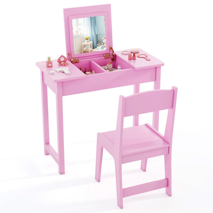 2-in-1 Kids Vanity Makeup Table and Chair Set with Flip Top Mirror-Pink