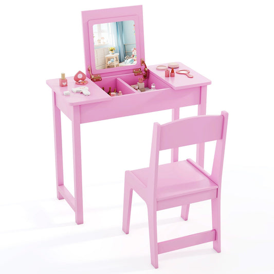 2-in-1 Kids Vanity Makeup Table and Chair Set with Flip Top Mirror-Pink