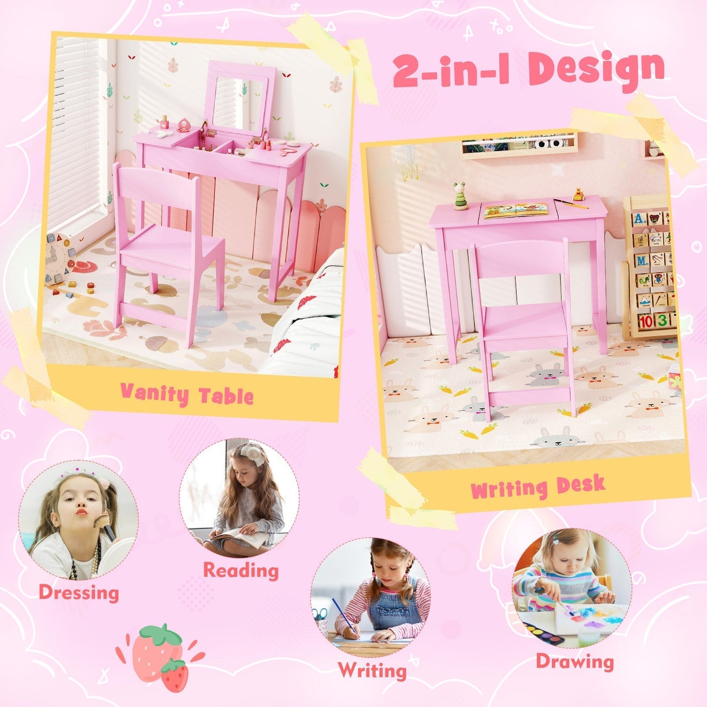 2-in-1 Kids Vanity Makeup Table and Chair Set with Flip Top Mirror-Pink