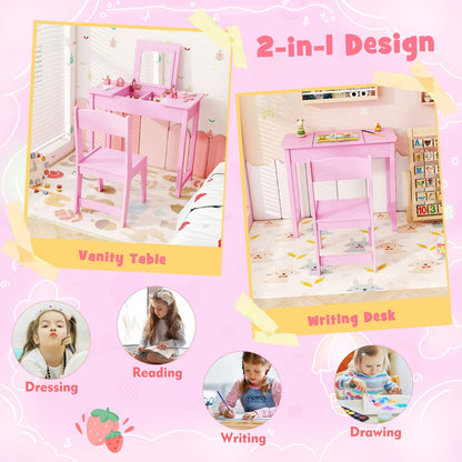 2-in-1 Kids Vanity Makeup Table and Chair Set with Flip Top Mirror-Pink