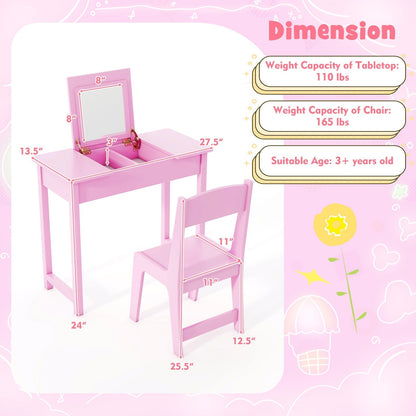 2-in-1 Kids Vanity Makeup Table and Chair Set with Flip Top Mirror-Pink
