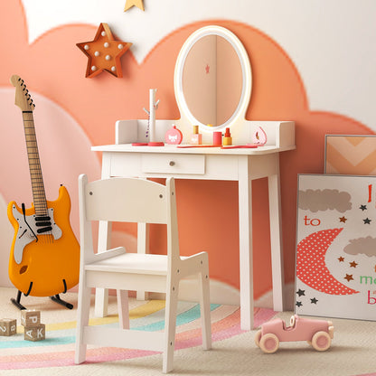 Kids Vanity Set Makeup Beauty Dressing Table and Chair with Lighted Mirror-White