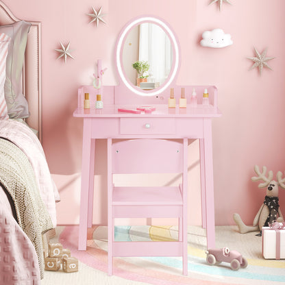 Kids Vanity Set Makeup Beauty Dressing Table and Chair with Lighted Mirror-Light Pink