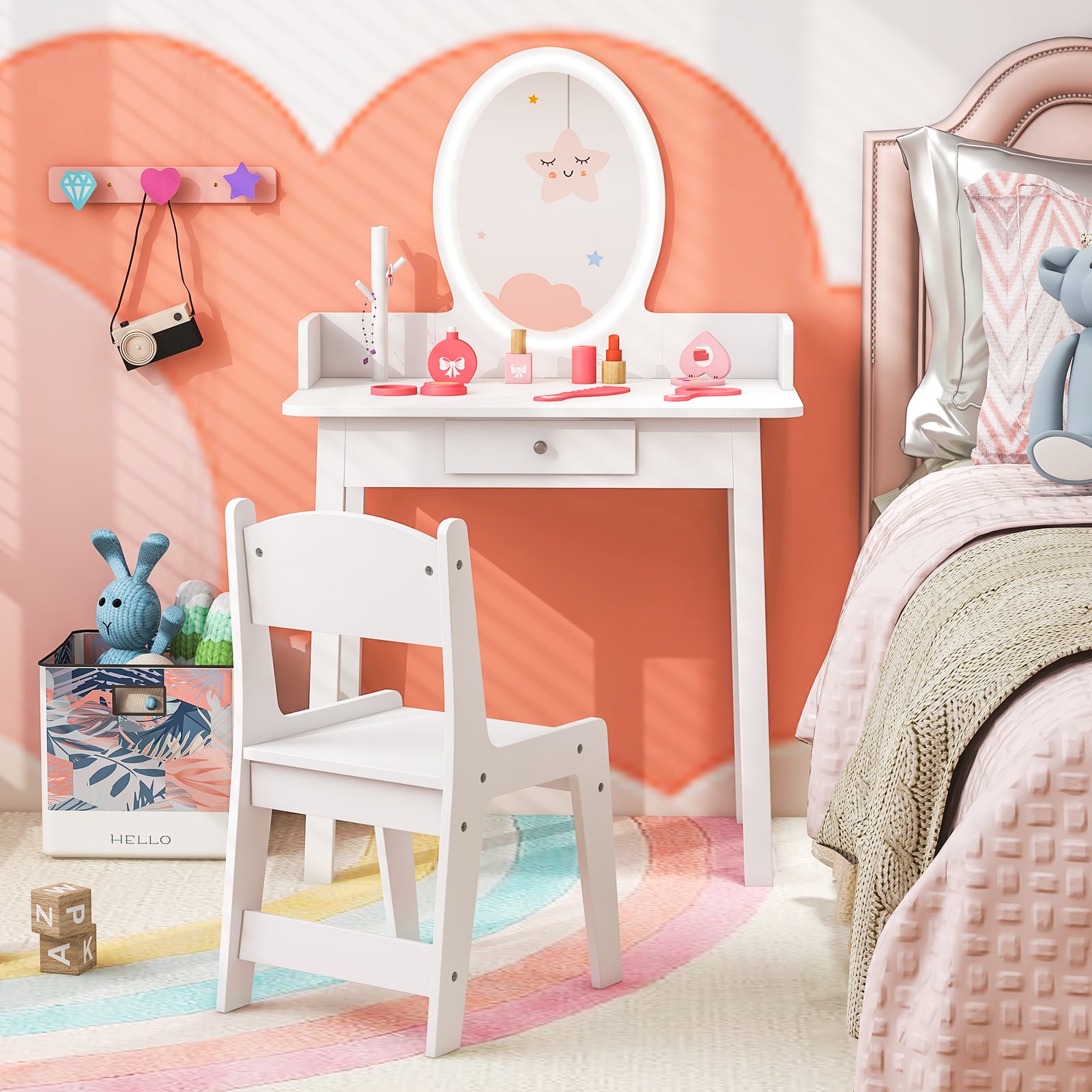 Kids Vanity Set Makeup Beauty Dressing Table and Chair with Lighted Mirror-White