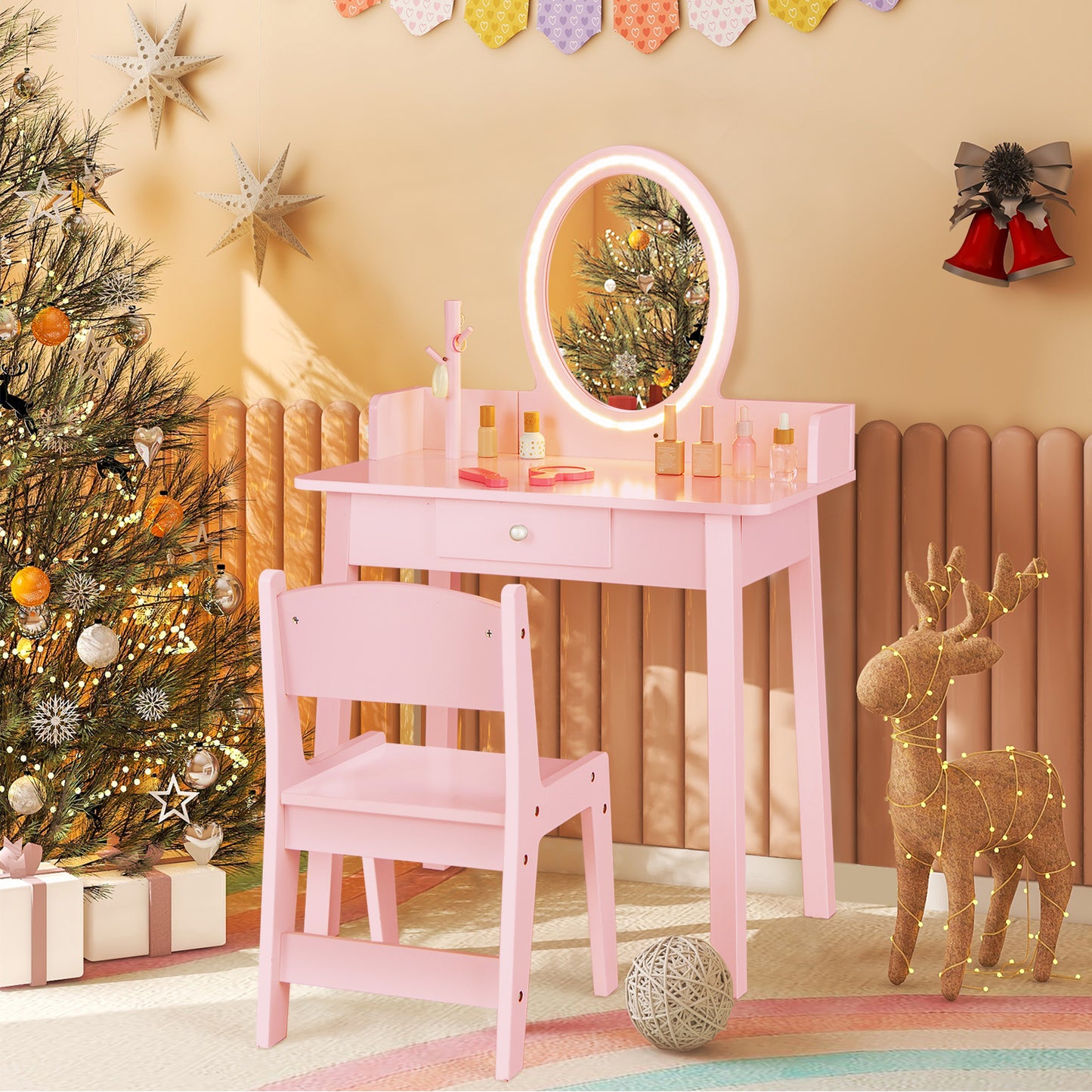 Kids Vanity Set Makeup Beauty Dressing Table and Chair with Lighted Mirror-Light Pink