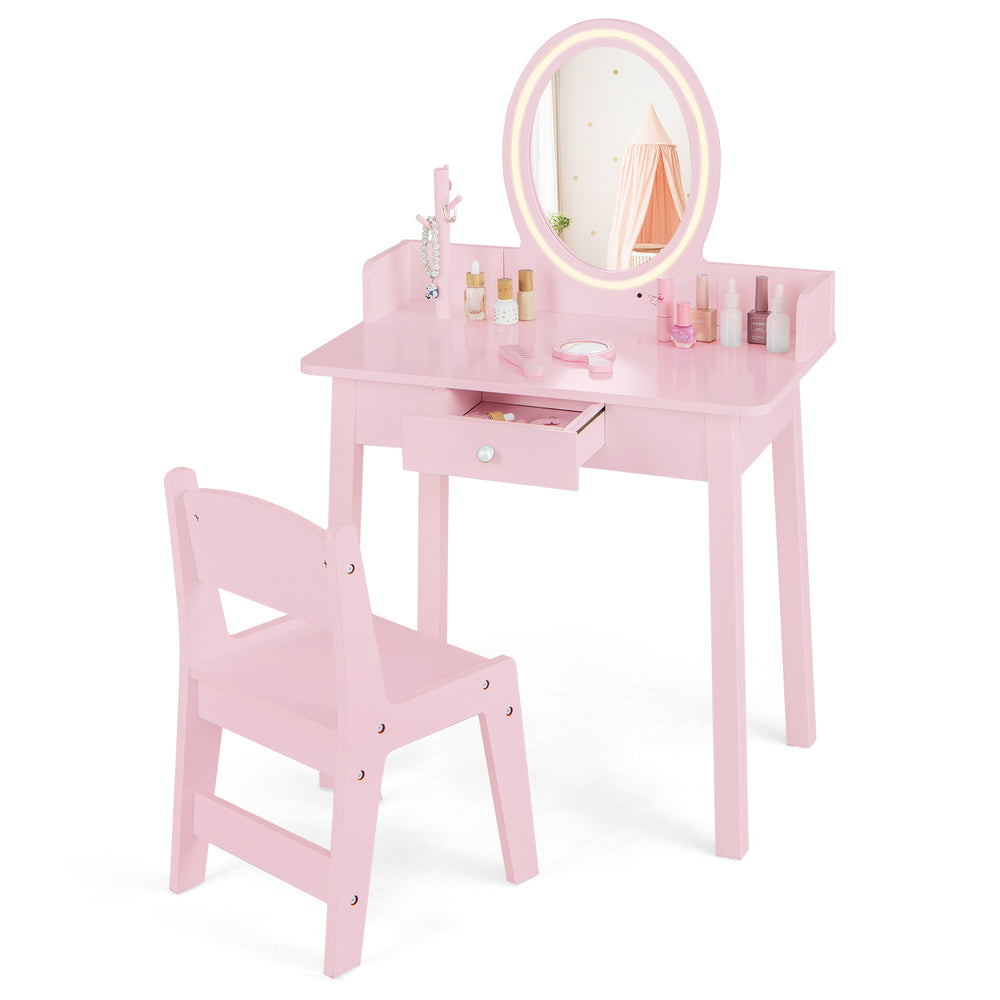Kids Vanity Set Makeup Beauty Dressing Table and Chair with Lighted Mirror-Light Pink