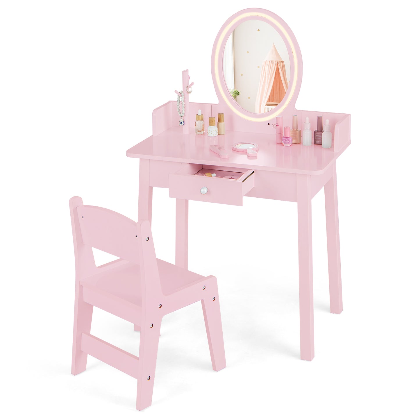Kids Vanity Set Makeup Beauty Dressing Table and Chair with Lighted Mirror-Light Pink