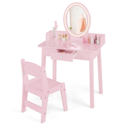 Kids Vanity Set Makeup Beauty Dressing Table and Chair with Lighted Mirror-Light Pink