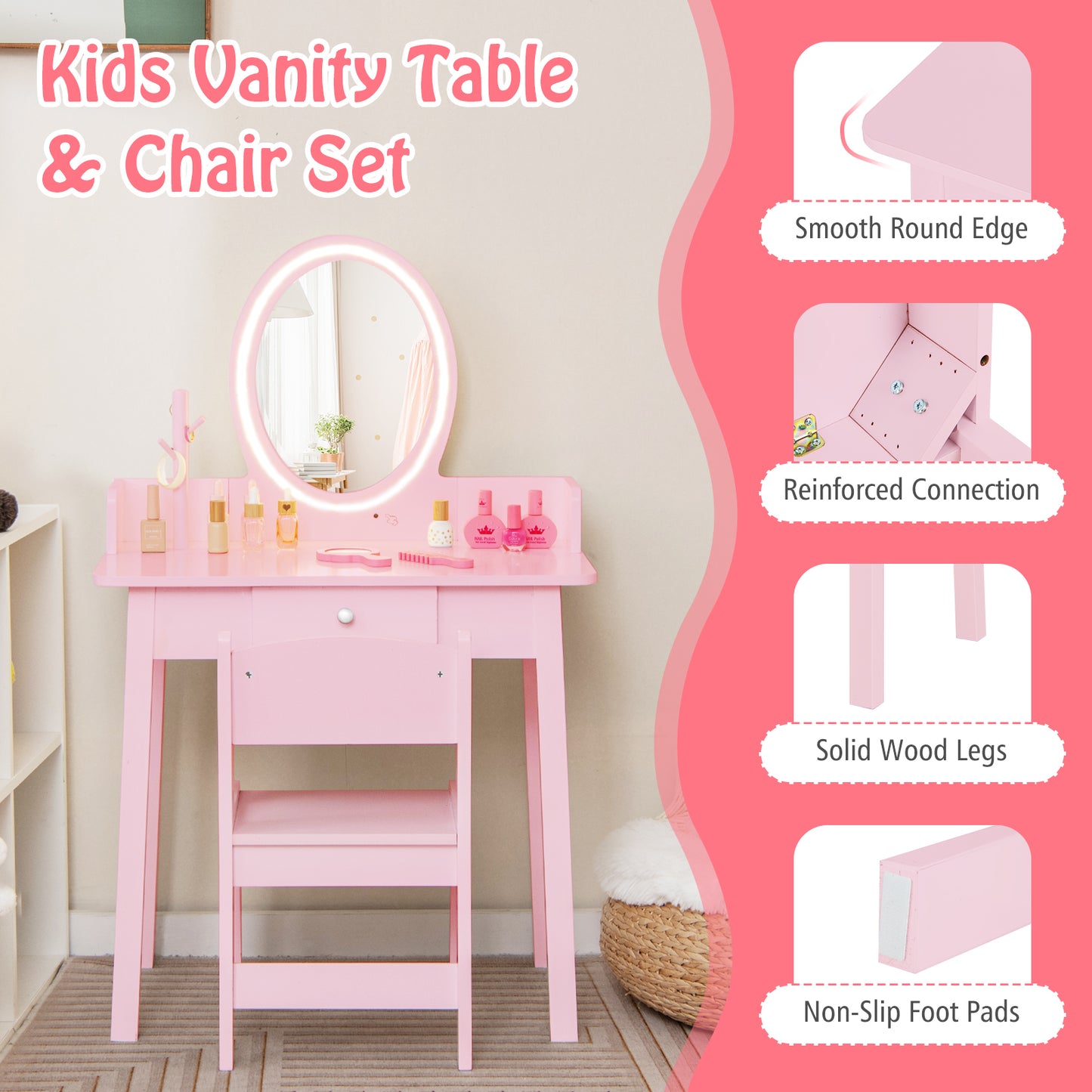 Kids Vanity Set Makeup Beauty Dressing Table and Chair with Lighted Mirror-Light Pink