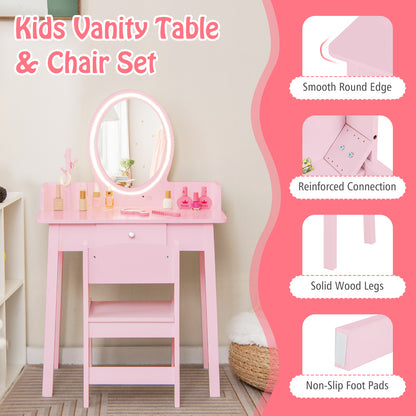 Kids Vanity Set Makeup Beauty Dressing Table and Chair with Lighted Mirror-Light Pink