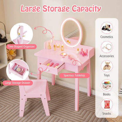 Kids Vanity Set Makeup Beauty Dressing Table and Chair with Lighted Mirror-Light Pink