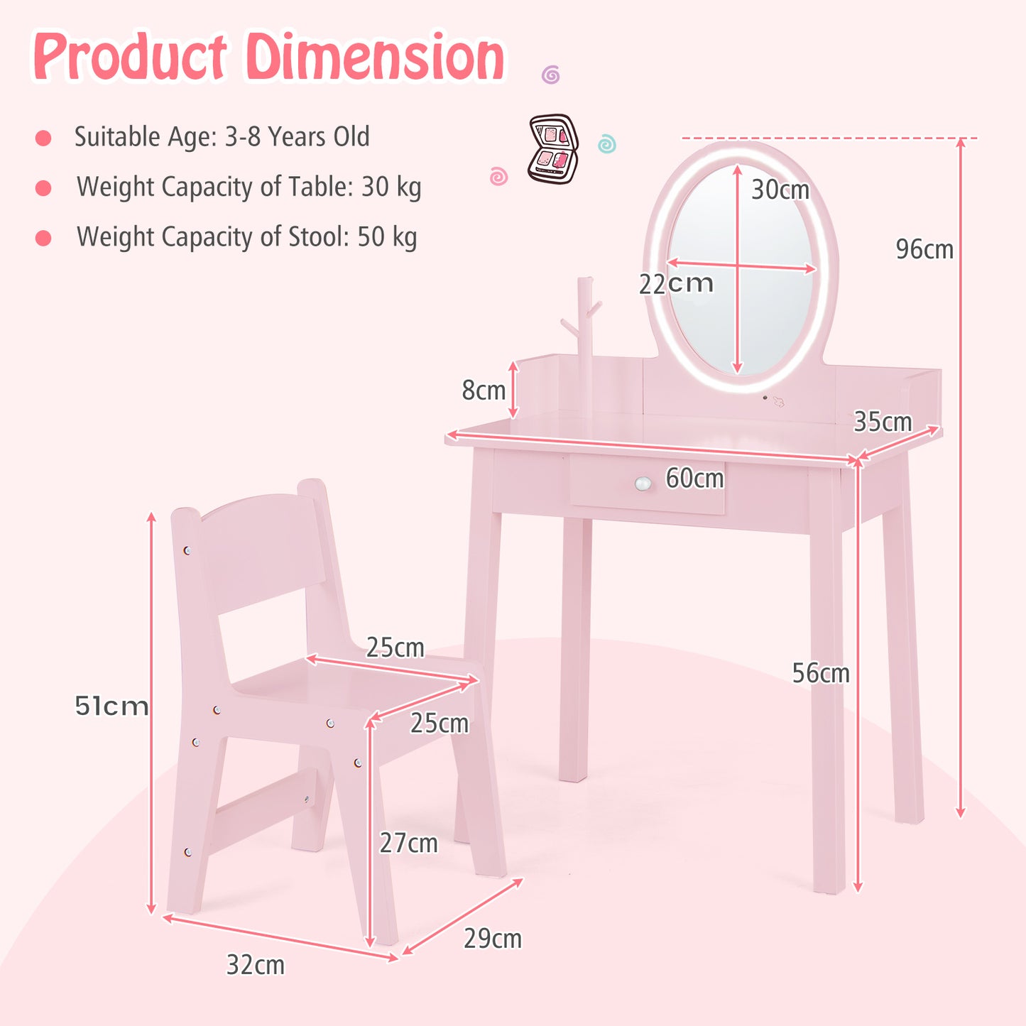 Kids Vanity Set Makeup Beauty Dressing Table and Chair with Lighted Mirror-Light Pink