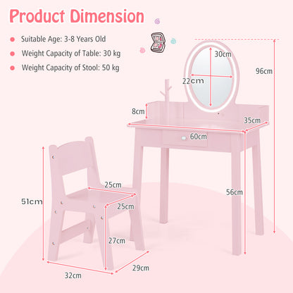 Kids Vanity Set Makeup Beauty Dressing Table and Chair with Lighted Mirror-Light Pink