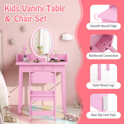 Kids Vanity Set Makeup Beauty Dressing Table and Chair with Lighted Mirror-Pink