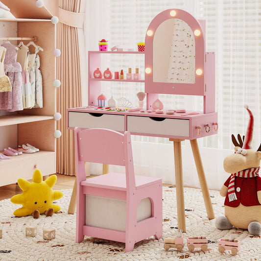 Kids Vanity Set Pretend Play Dressing Table Set with 3-Color Lighting Modes-Pink