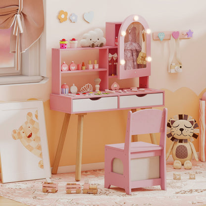 Kids Vanity Set Pretend Play Dressing Table Set with 3-Color Lighting Modes-Pink