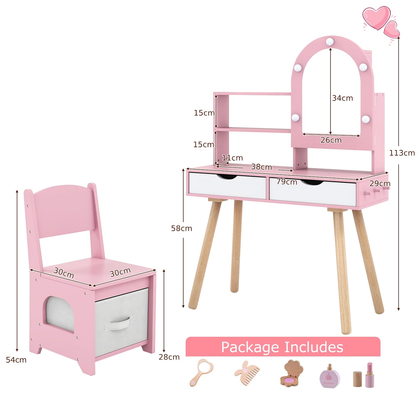 Kids Vanity Set Pretend Play Dressing Table Set with 3-Color Lighting Modes-Pink