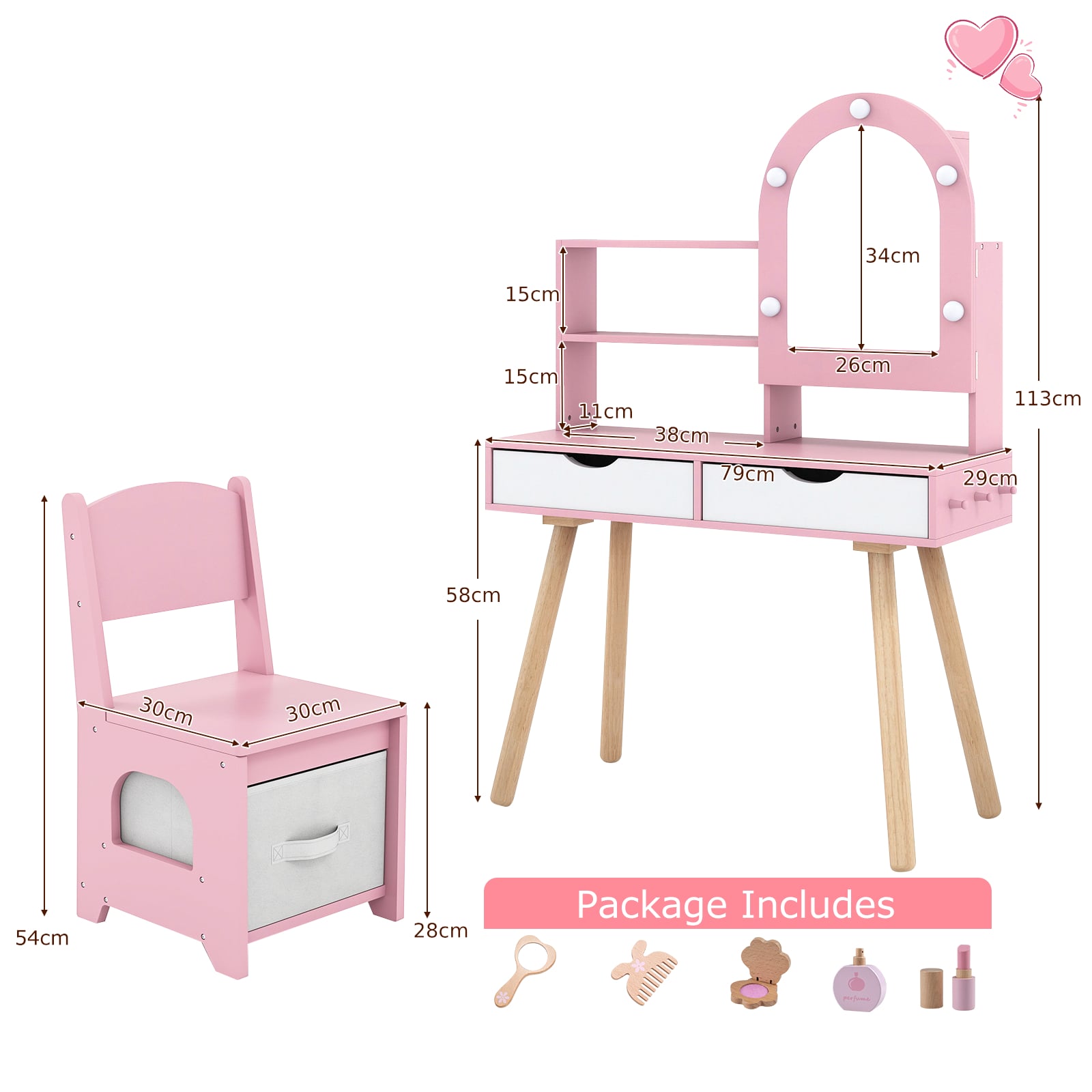 Kids Vanity Set Pretend Play Dressing Table Set with 3-Color Lighting Modes-Pink