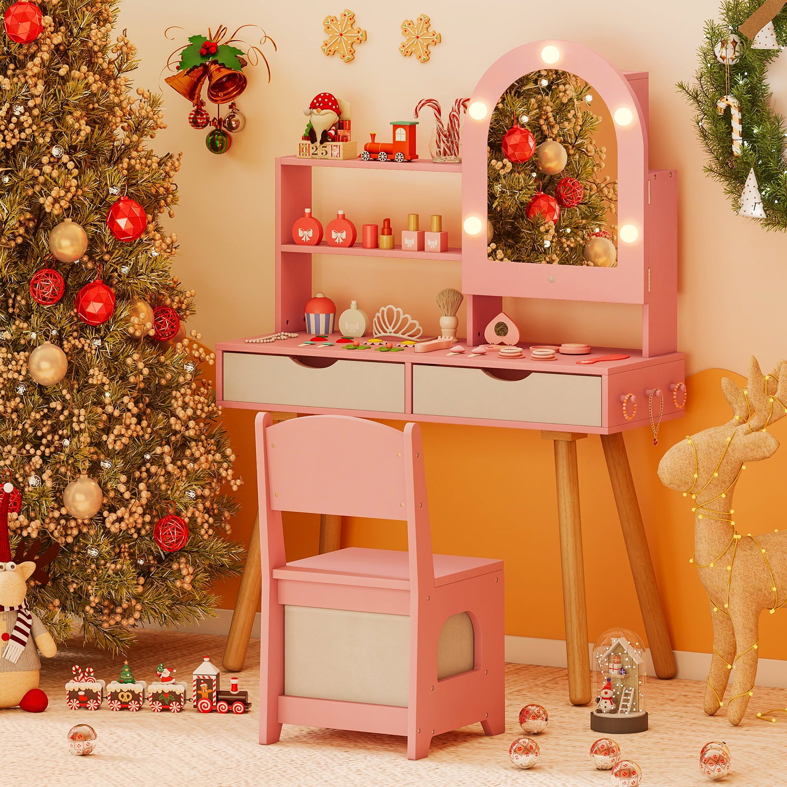 Kids Vanity Set Pretend Play Dressing Table Set with 3-Color Lighting Modes-Pink