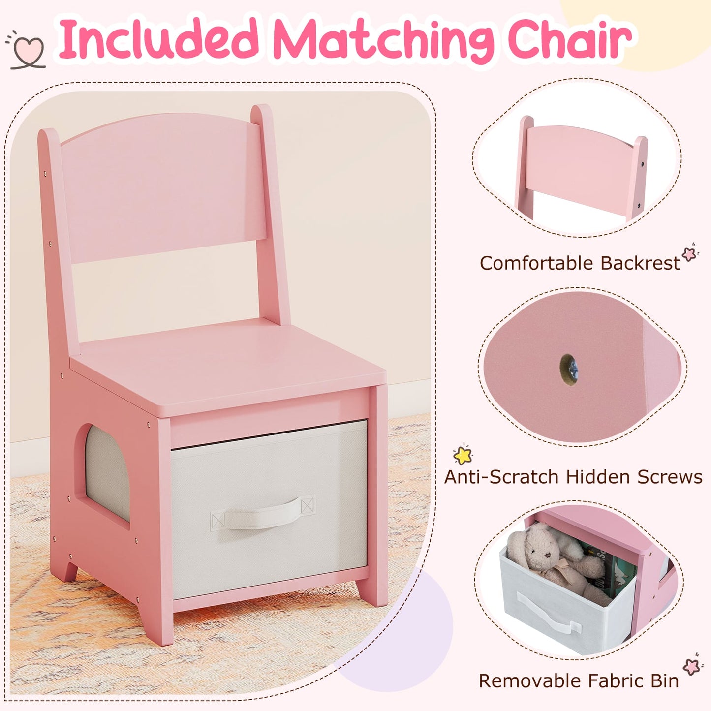 Kids Vanity Set Pretend Play Dressing Table Set with 3-Color Lighting Modes-Pink