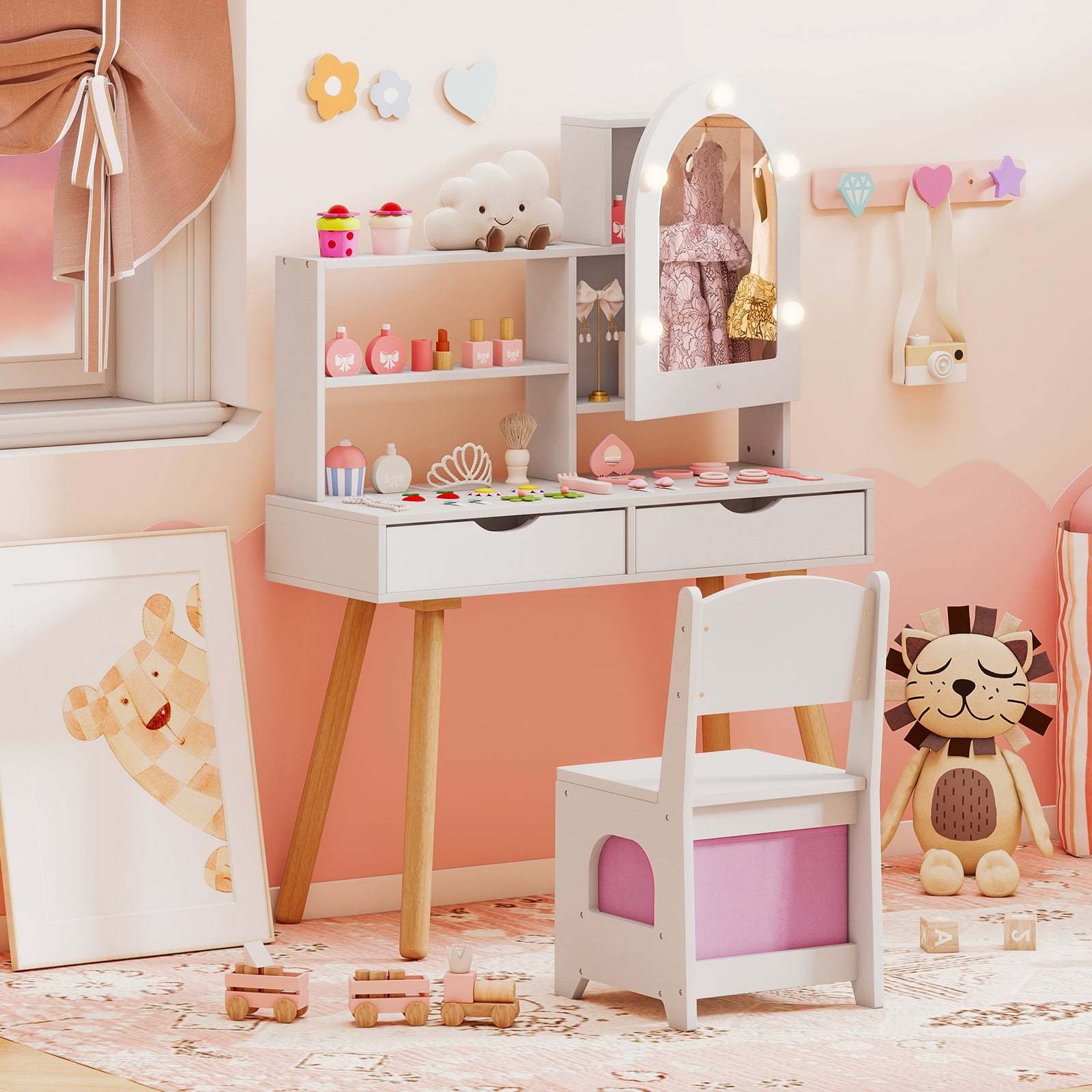Kids Vanity Set Pretend Play Dressing Table Set with 3-Color Lighting Modes-White