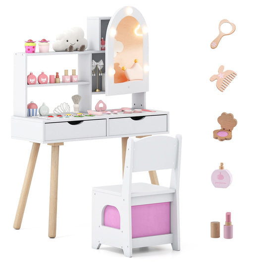 Kids Vanity Set Pretend Play Dressing Table Set with 3-Color Lighting Modes-White