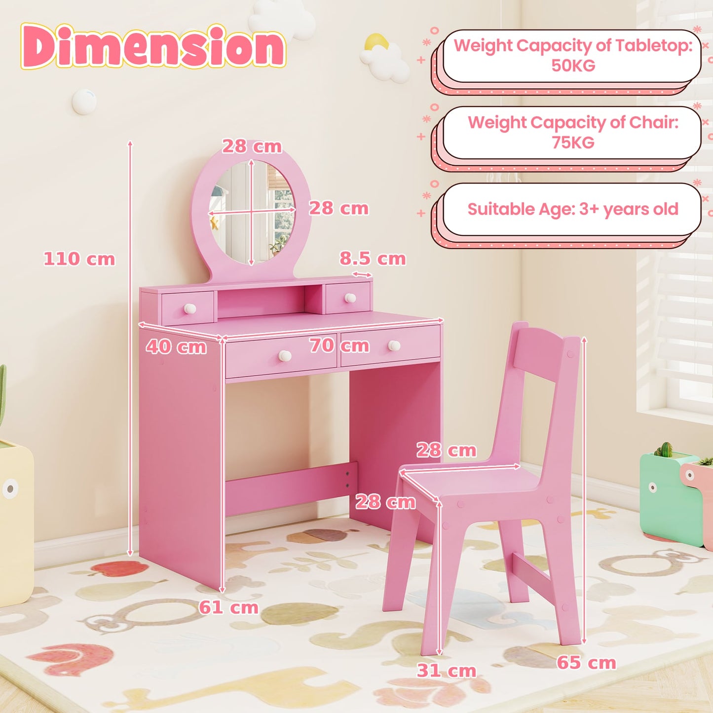 Kids Vanity Set with Open Shelf and 4 Storage Drawers-Pink