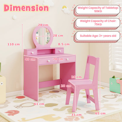 Kids Vanity Set with Open Shelf and 4 Storage Drawers-Pink