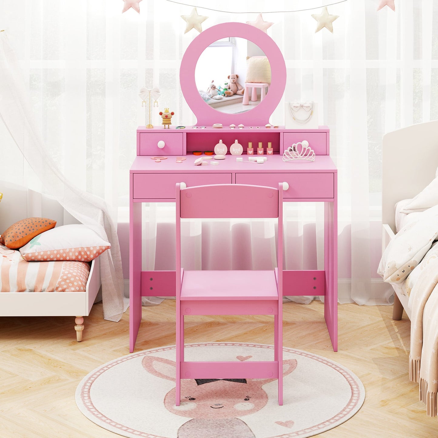 Kids Vanity Set with Open Shelf and 4 Storage Drawers-Pink