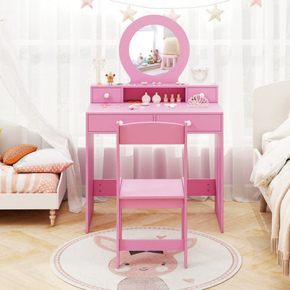 Kids Vanity Set with Open Shelf and 4 Storage Drawers-Pink