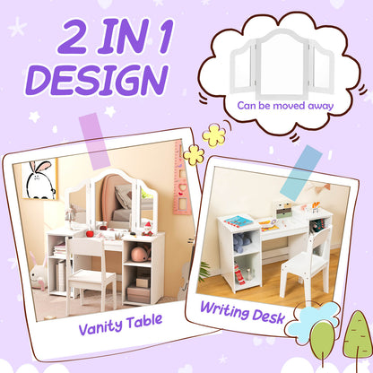 Kids Vanity Set with Tri-Folding Detachable Mirror-White