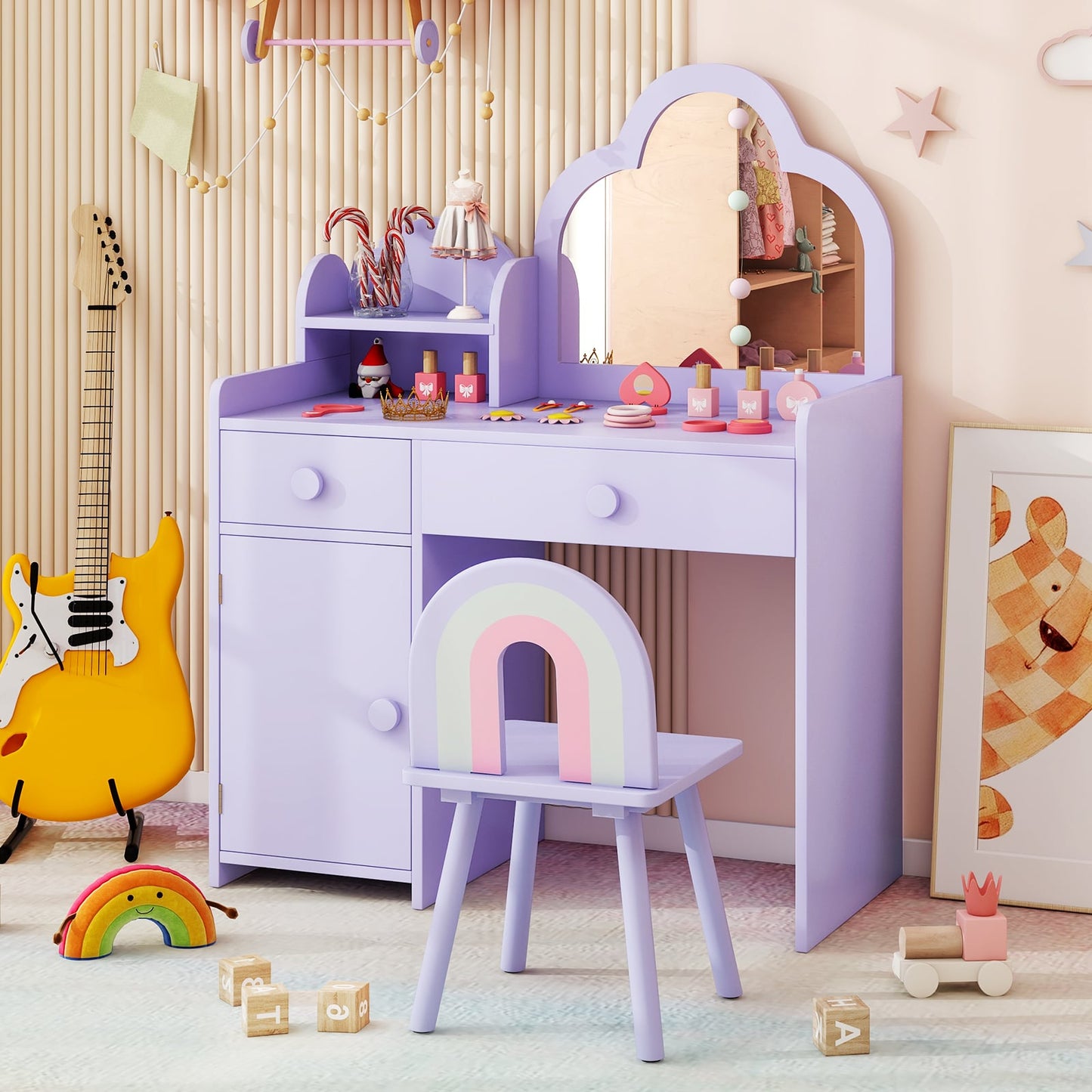 Kids Vanity Table and Chair Set with Cloud-shaped Mirror and Shelf Drawers-Purple