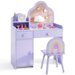 Kids Vanity Table and Chair Set with Cloud-shaped Mirror and Shelf Drawers-Purple