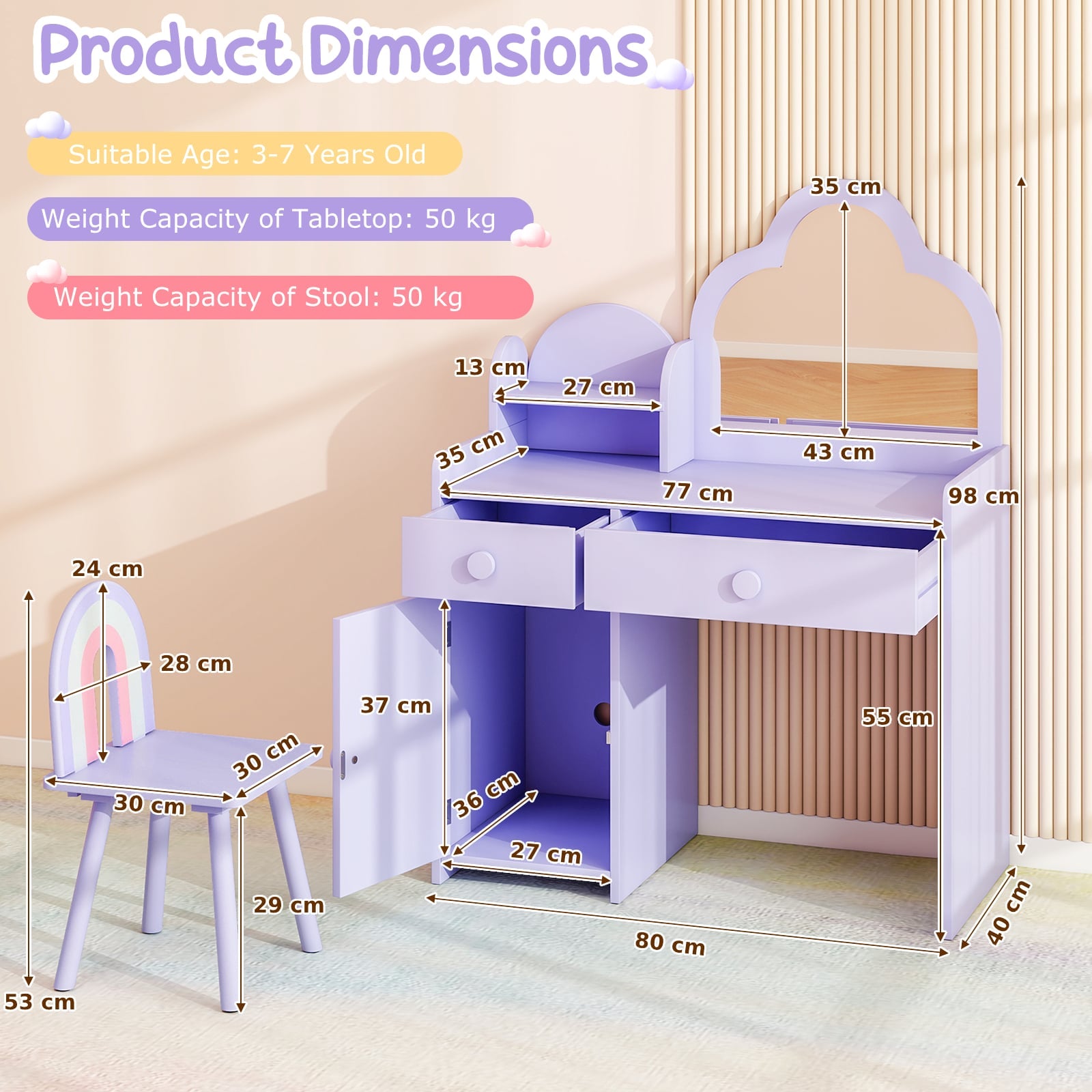 Kids Vanity Table and Chair Set with Cloud-shaped Mirror and Shelf Drawers-Purple