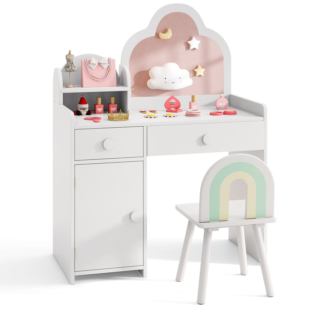 Kids Vanity Table and Chair Set with Cloud-shaped Mirror and Shelf Drawers-White