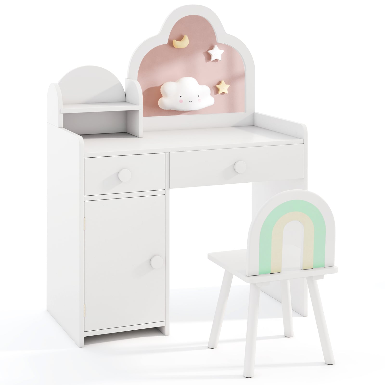 Kids Vanity Table and Chair Set with Cloud-shaped Mirror and Shelf Drawers-White