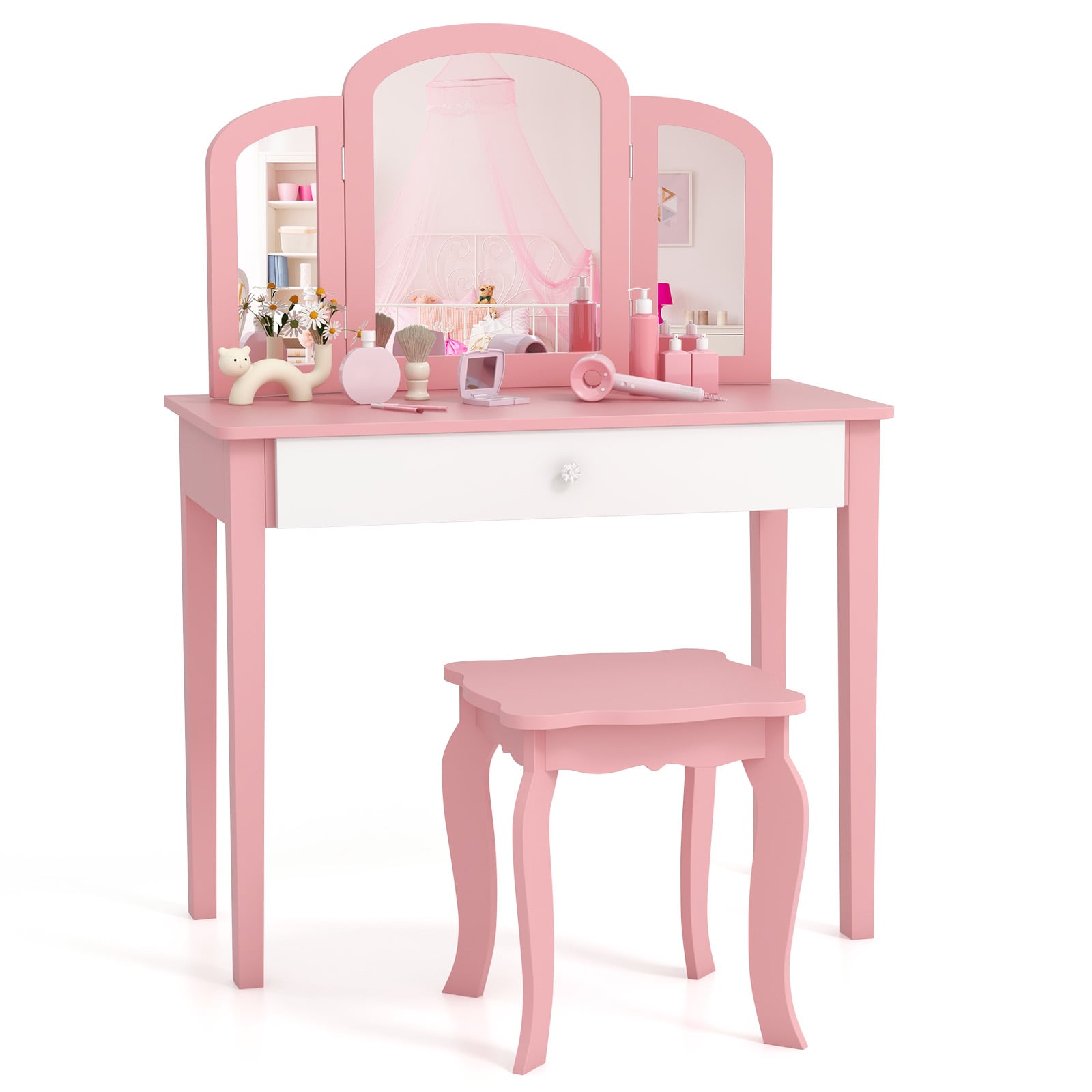 Kids Vanity Table and Stool Set Princess Makeup Dressing Table-Pink
