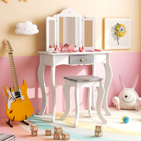 Kids Vanity Table and Stool with Detachable Tri-Fold Mirror and Cute Accessories-White