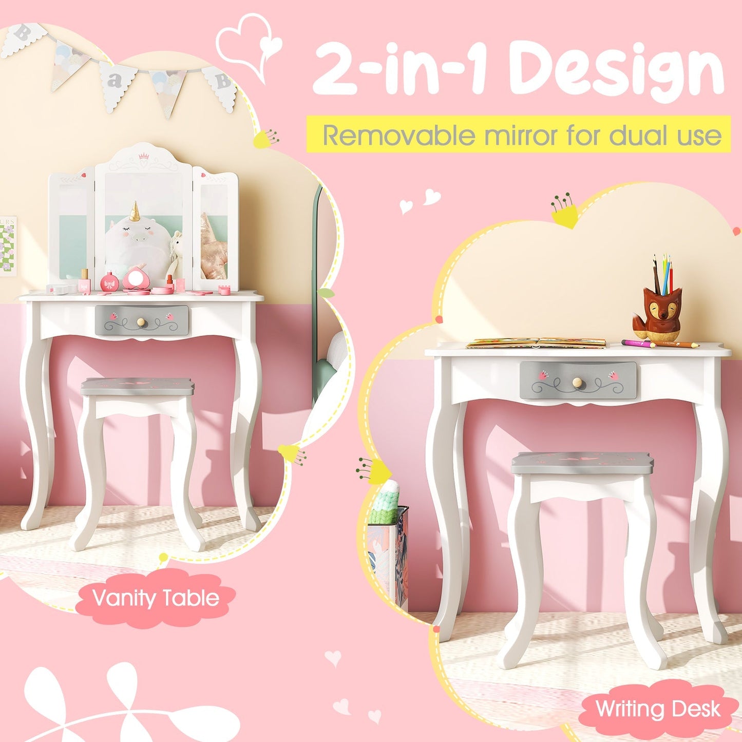 Kids Vanity Table and Stool with Detachable Tri-Fold Mirror and Cute Accessories-White