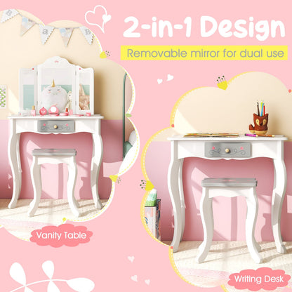 Kids Vanity Table and Stool with Detachable Tri-Fold Mirror and Cute Accessories-White