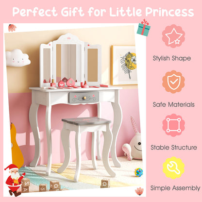 Kids Vanity Table and Stool with Detachable Tri-Fold Mirror and Cute Accessories-White
