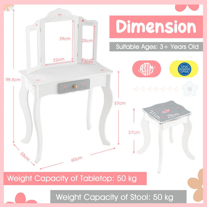 Kids Vanity Table and Stool with Detachable Tri-Fold Mirror and Cute Accessories-White