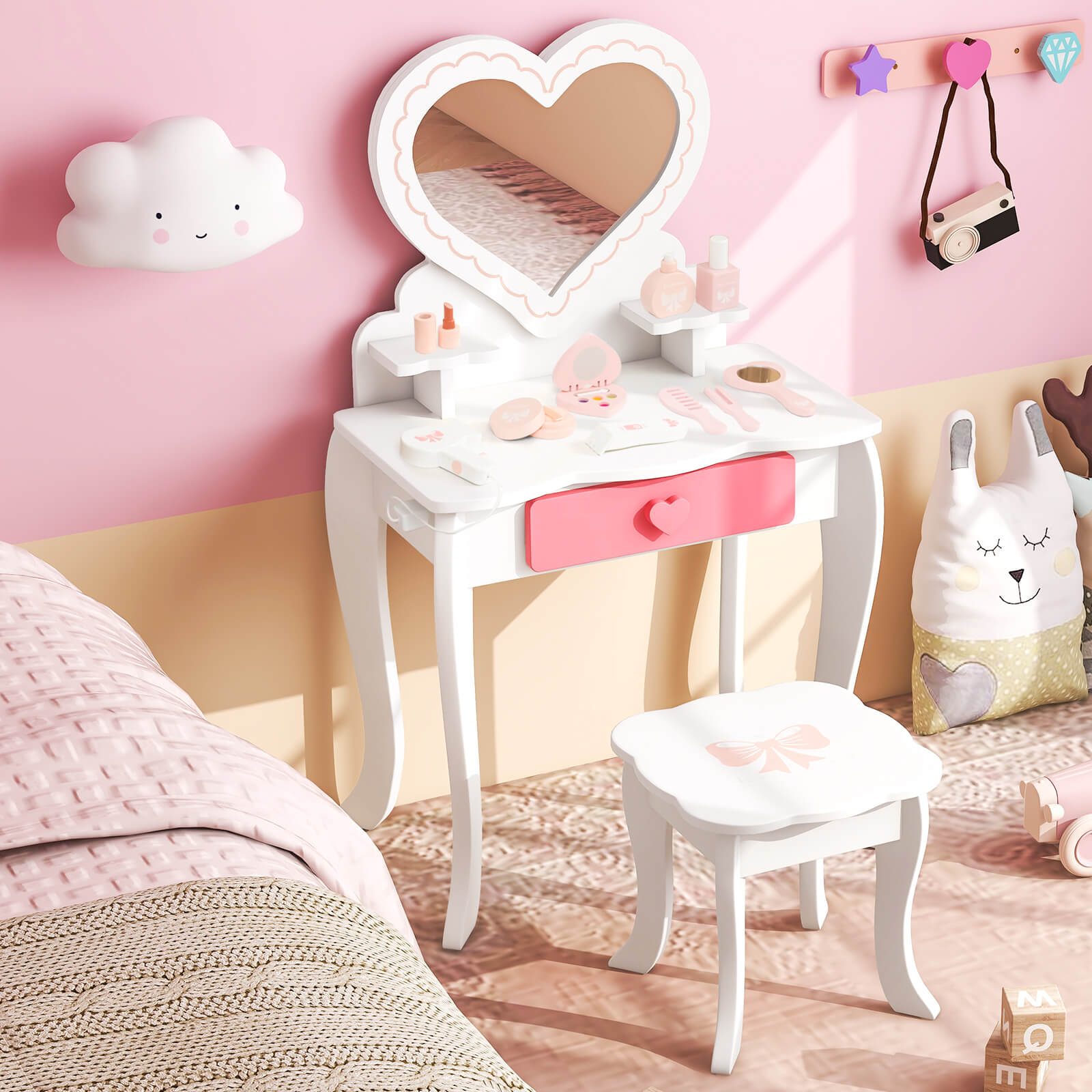 Kids Vanity Table and Stool with Removable Mirror and Drawer-White