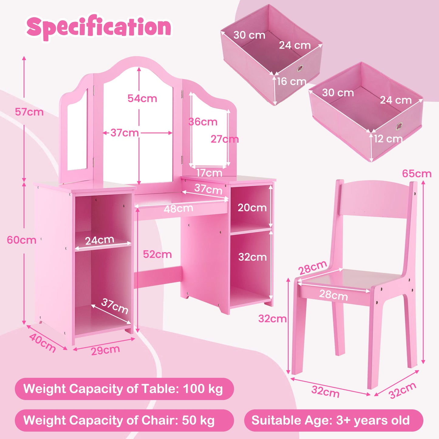 Kids Vanity Table and Chair Set with 3 Removable Mirrors and 4 Storage Bins for Children-Pink